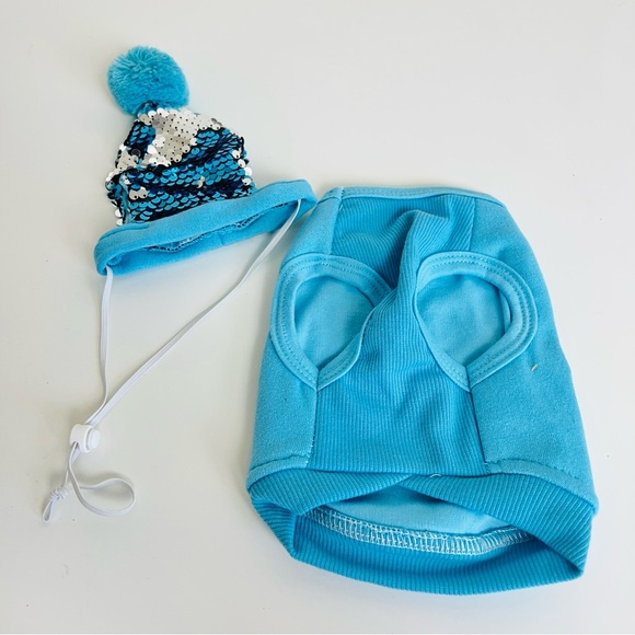 Blue Flip Sequin Snowflake Dog Pet Sweater & Matching Pom Pom Adjustable Hat Set - Picture 3 of 9